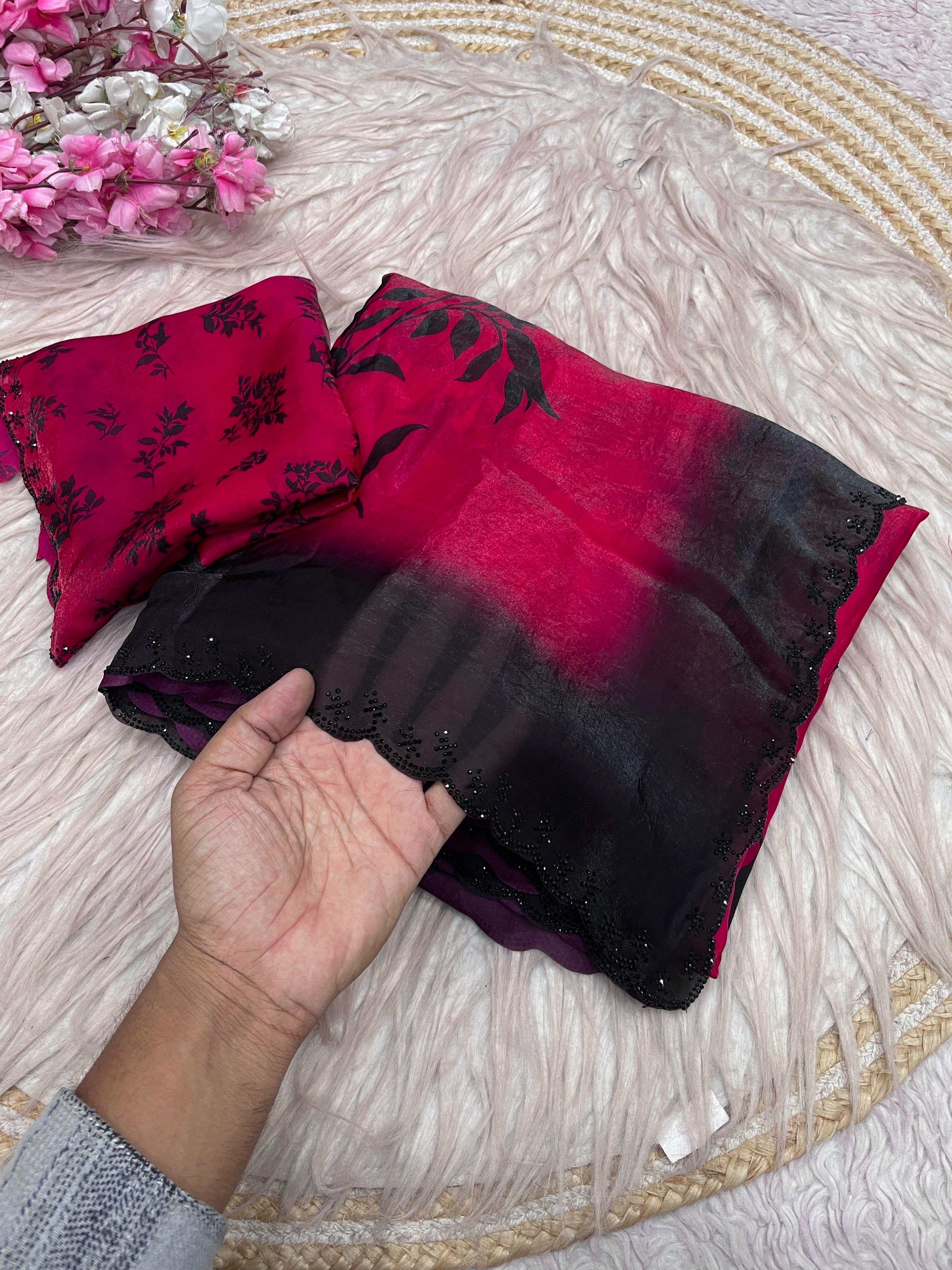 Crimson Vine Space Silk Digital Botanical Jarkan Work Saree